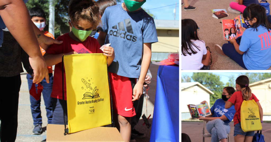 Collage of three photos: photo on left is young child in red shirt holding a yellow bag that say Greater Austin Reading Coalition, photo on top right are two school-aged children reading, and photo on bottom right is an adult woman in a blue shirt reading to a school-aged girl standing wearing a read shirt and yellow backpack.