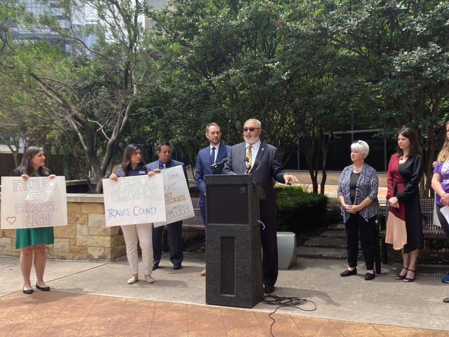 Precinct 1 Travis County Commissioner Jeffrey Travillion speaking at a press conference after the unanimous vote to implement paid parental leave in Travis County.